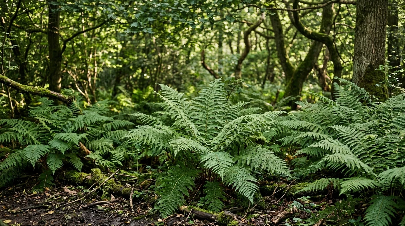 Ferns adding layered texture to a shaded woodland-style border.