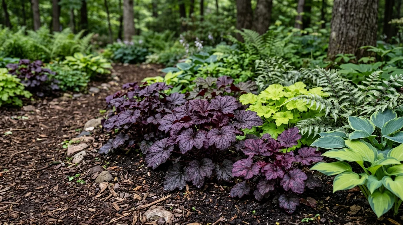 Heuchera adding rich color contrast to a shaded planting scheme.