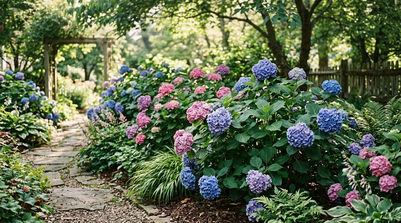 Hydrangeas thriving in a partial shade border with lush foliage.