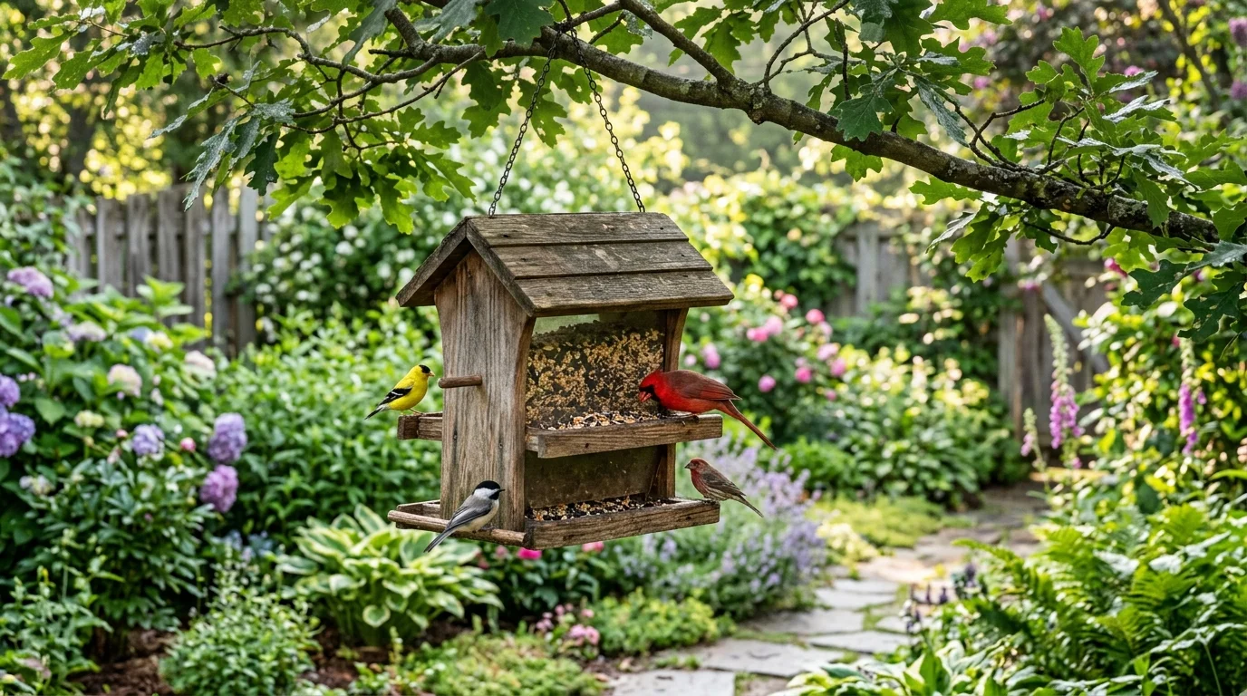 A classic wooden bird feeder placed in a lush garden to attract wild birds.