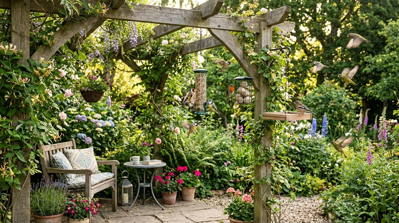 A pergola bird feeding corner blending wildlife and outdoor living.