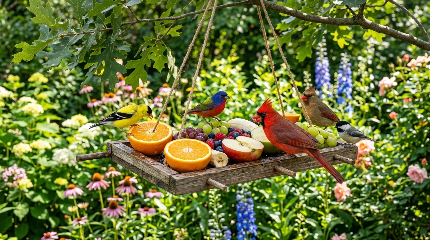 A fruit-based bird feeding setup designed to attract more seasonal wildlife.