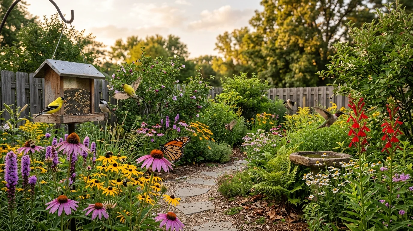 A wildlife-friendly native garden designed to support birds around feeder areas.
