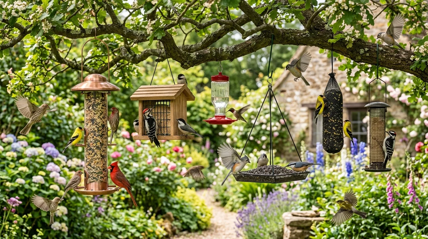 A hanging multi-feeder setup designed to attract different bird species.