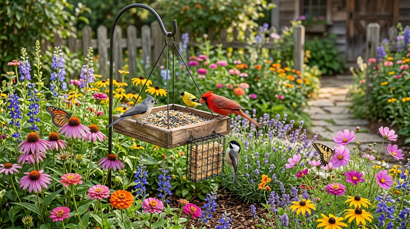 A bird feeder surrounded by flowers in a colorful wildlife-friendly garden.