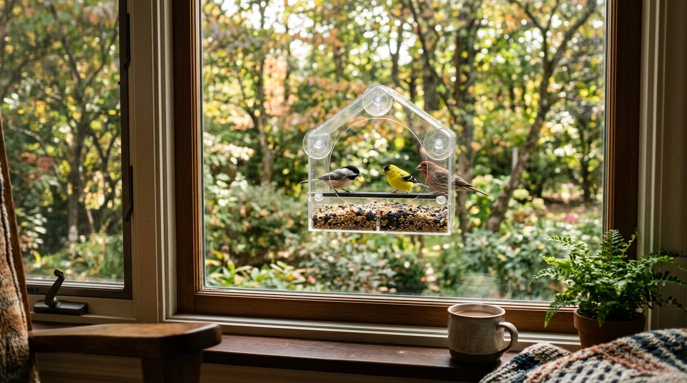 A window bird feeder offering a clear close-up view of visiting garden birds.