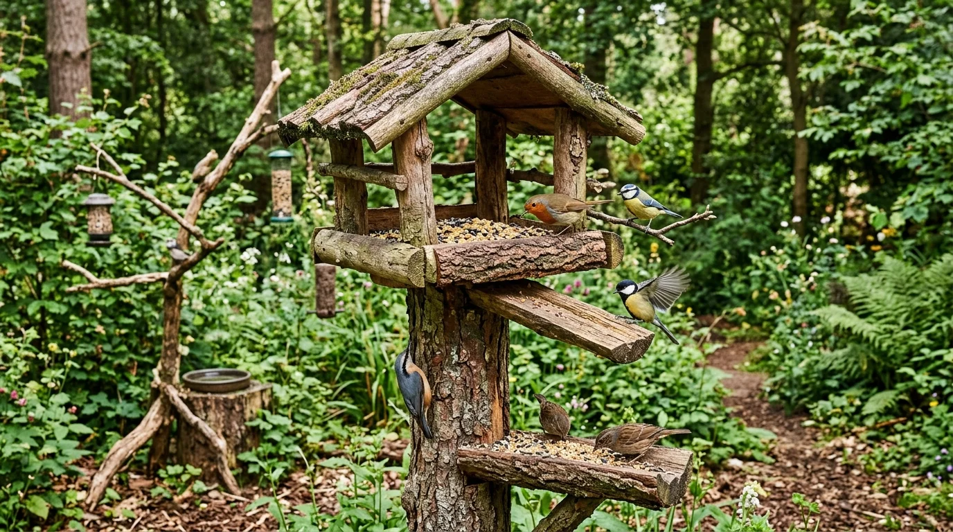 A rustic log bird feeding station designed for a natural-looking garden.