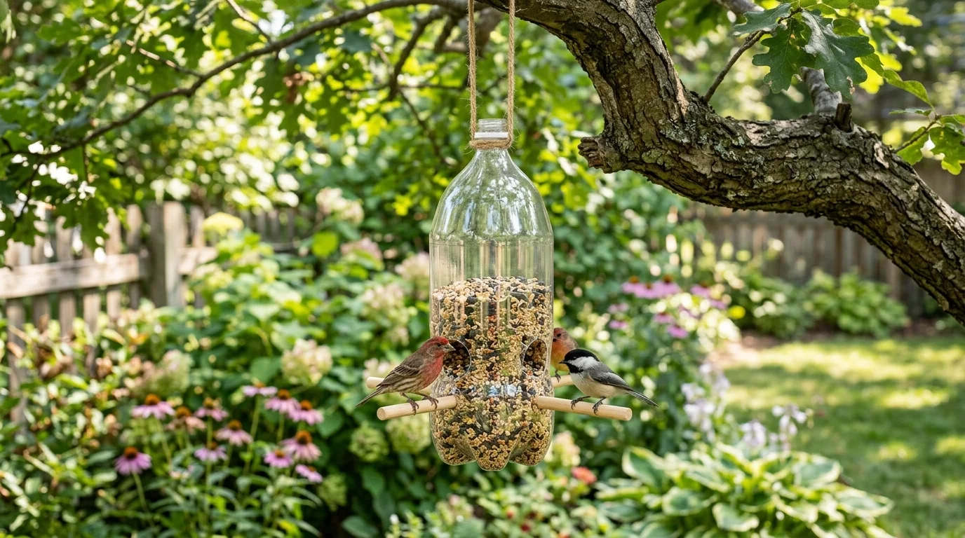 A DIY recycled bottle bird feeder in a simple garden setting.