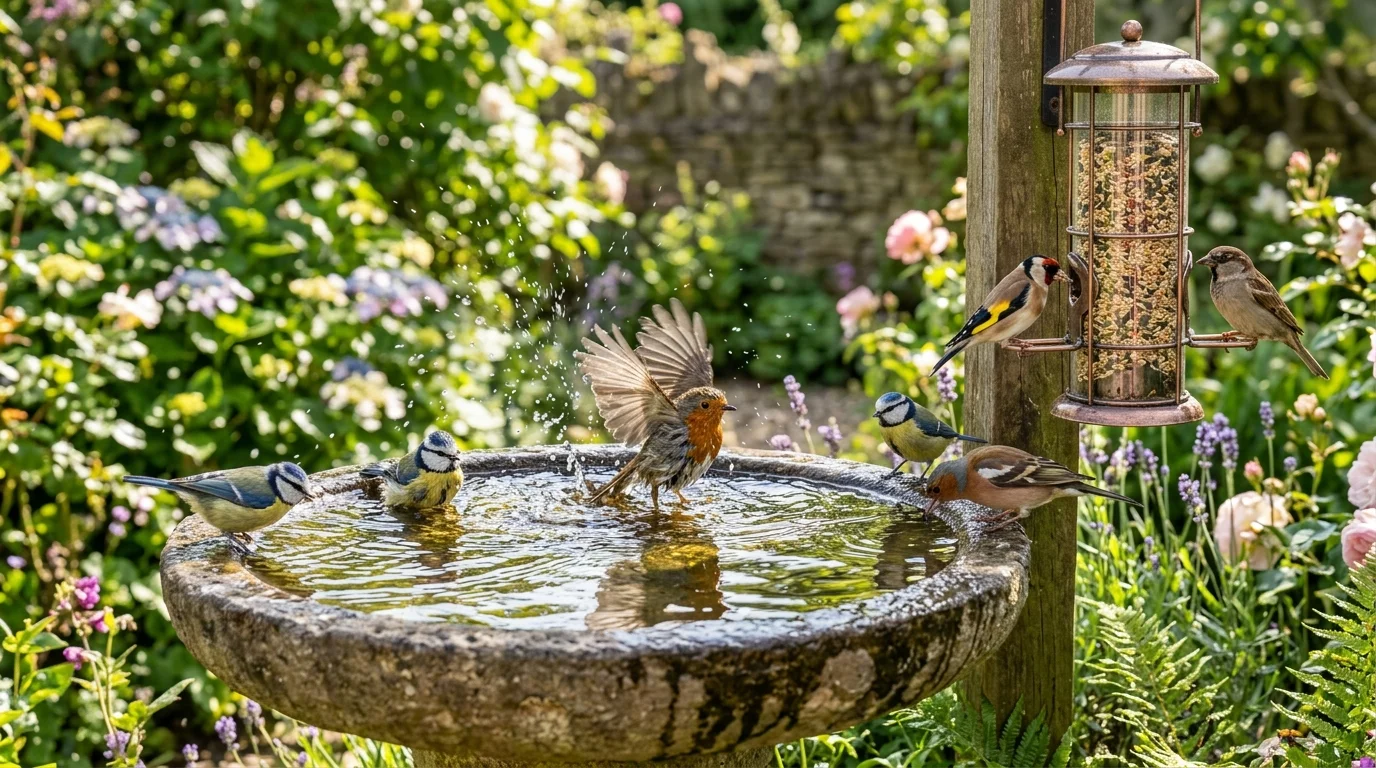 A bird bath and feeder combo creating a complete wildlife garden corner.