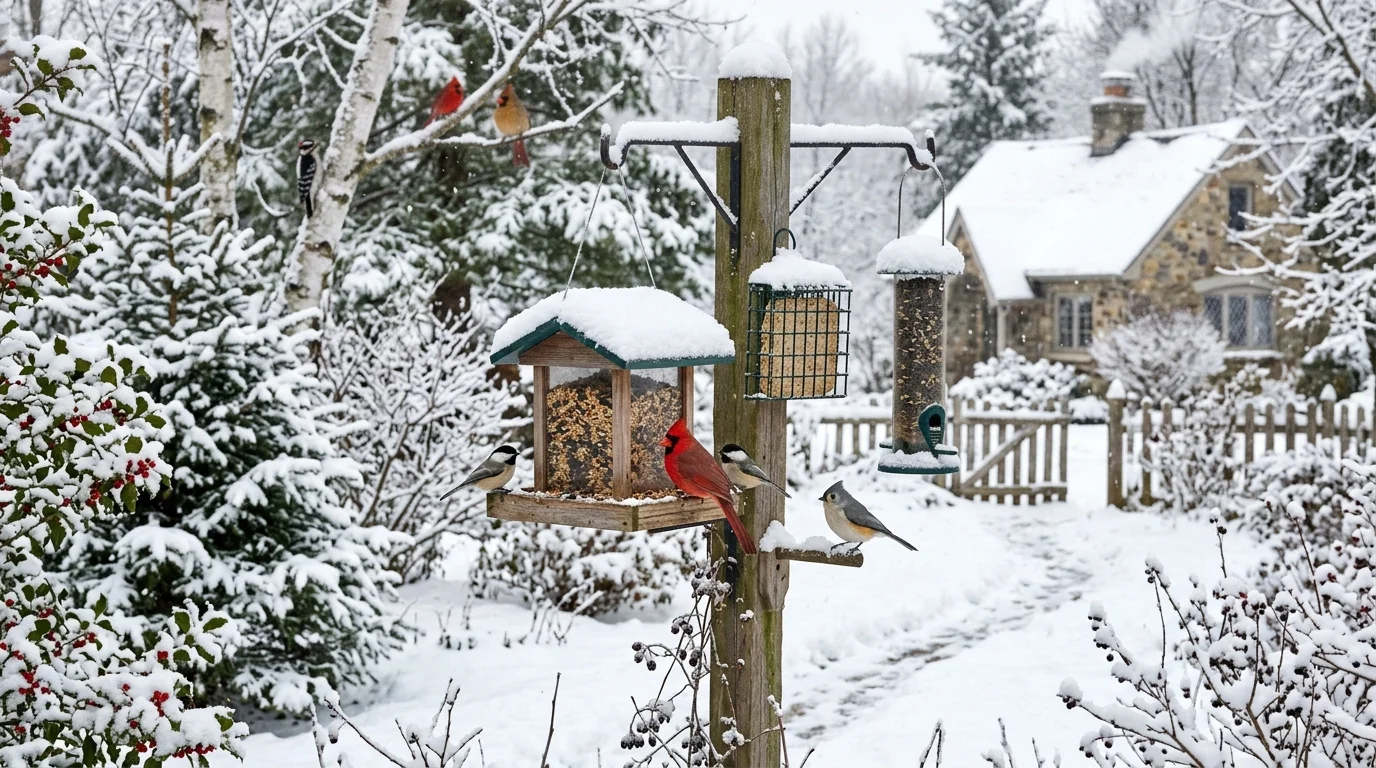 A winter bird feeding garden designed to support birds in colder months.