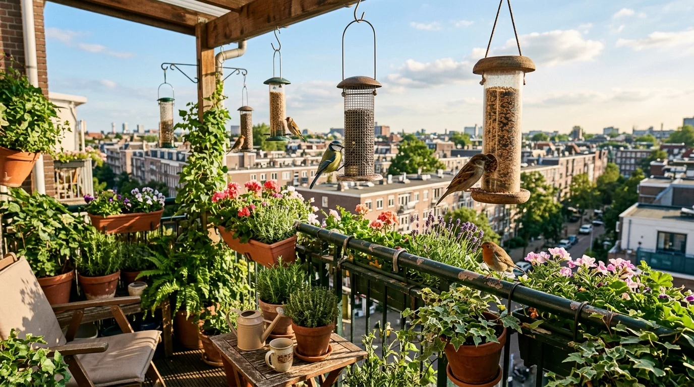 A small balcony bird feeding garden with feeders and container planting.