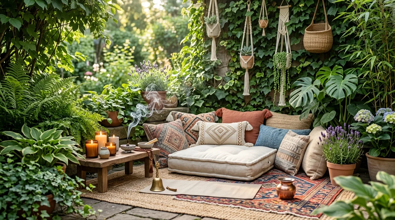 A boho meditation corner in a garden designed for calm and reflection.