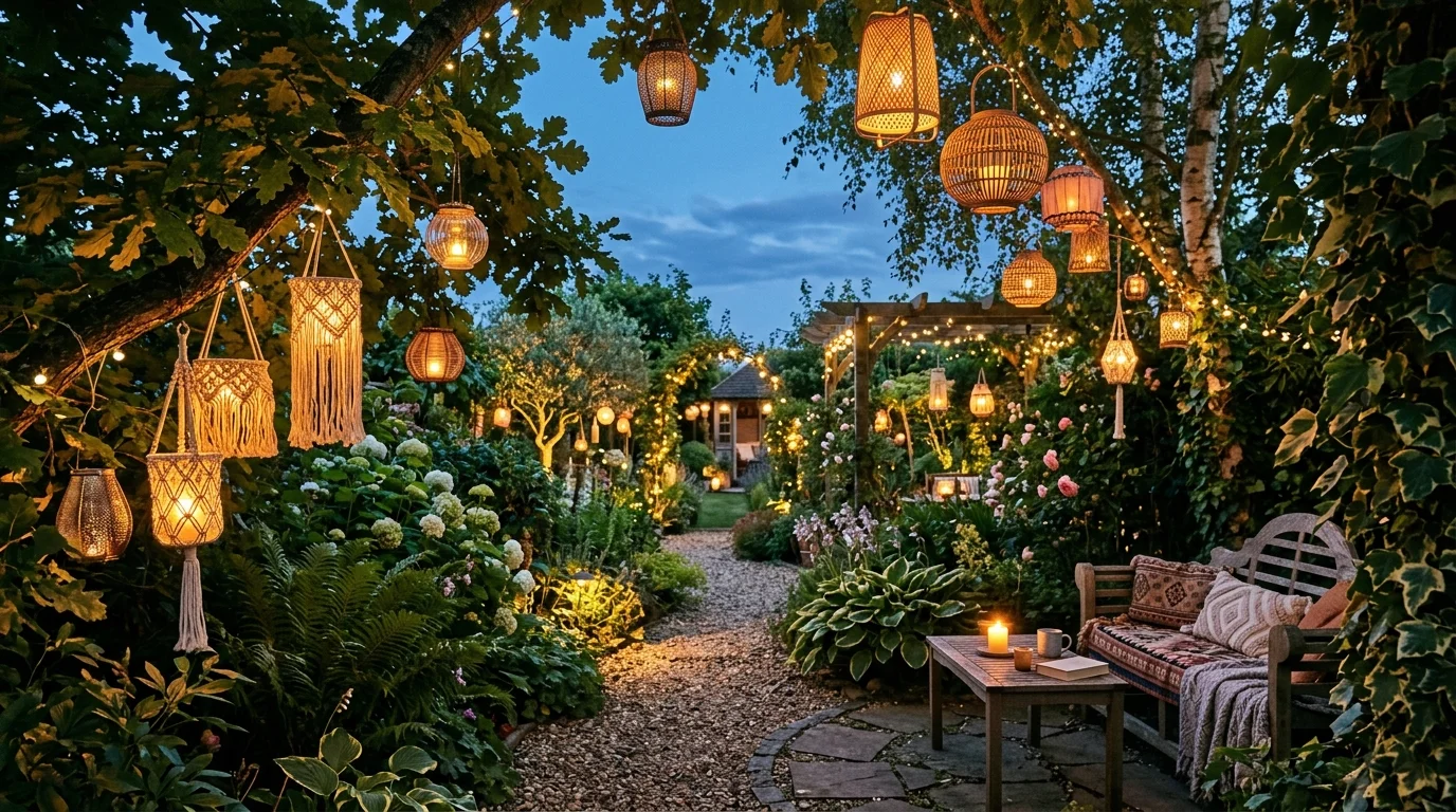 A hanging lantern garden adding warmth and calm to the outdoor space.