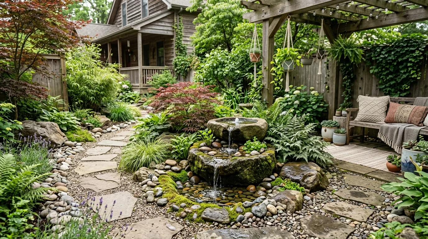 A water fountain zen garden creating a peaceful soundscape.