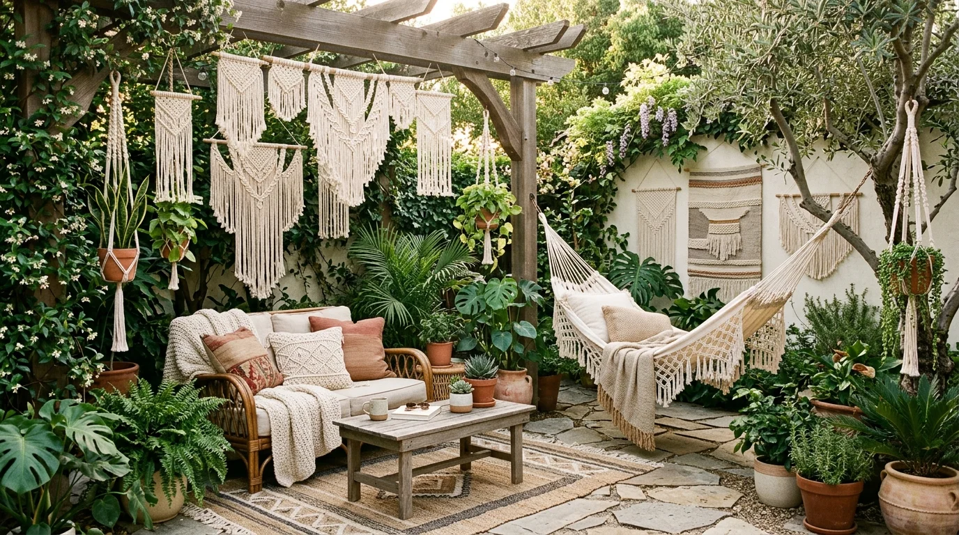 Macrame garden decor adding handmade texture to a spiritual outdoor space.