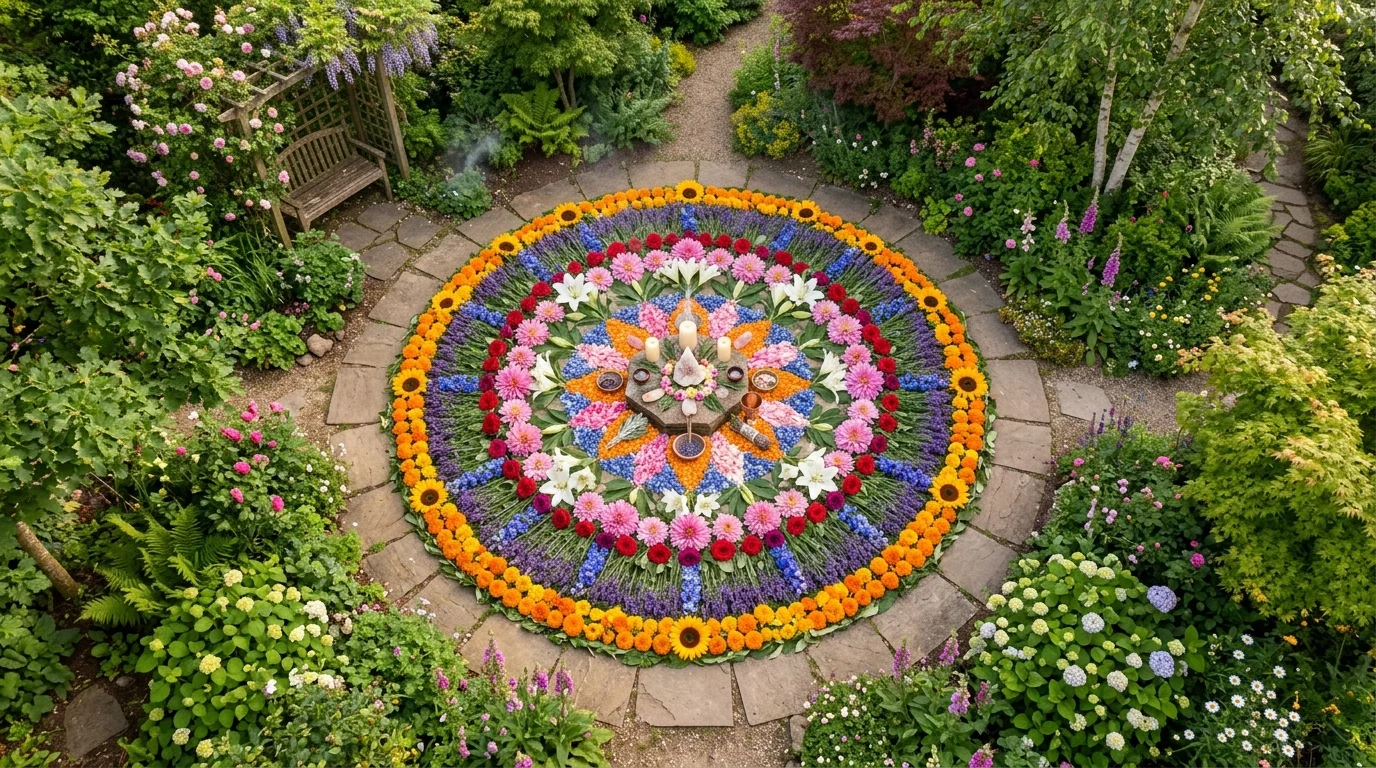 A flower circle ritual space creating a gentle focal point in the garden.