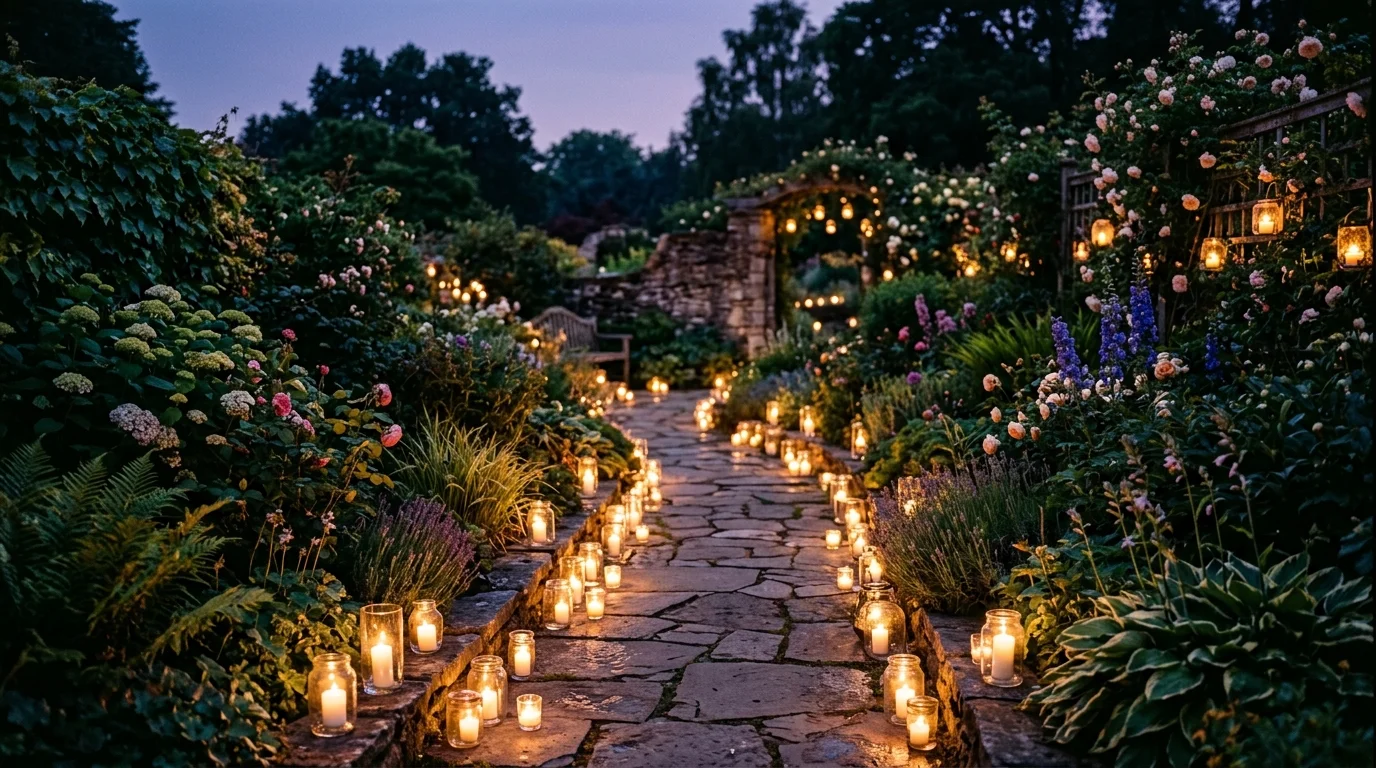A candlelit spiritual garden creating a warm, peaceful evening atmosphere.