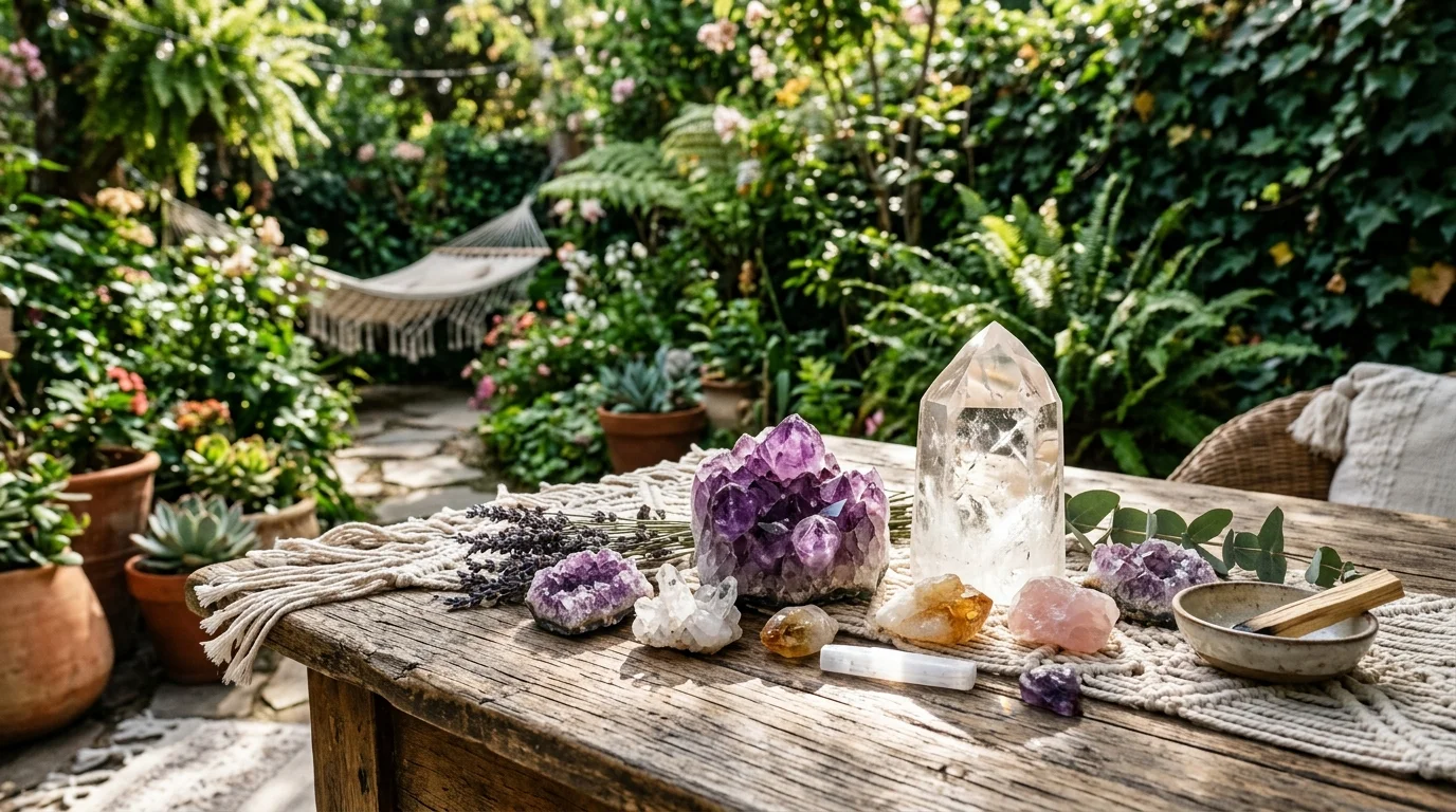 A crystal garden setup adding a grounding focal point outdoors.