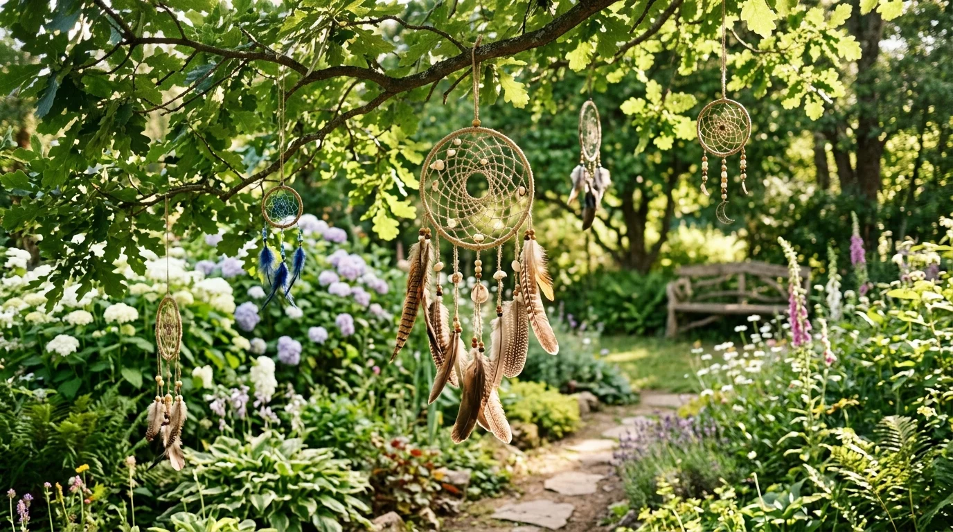 Dreamcatcher garden decor adding soft movement to a boho space.