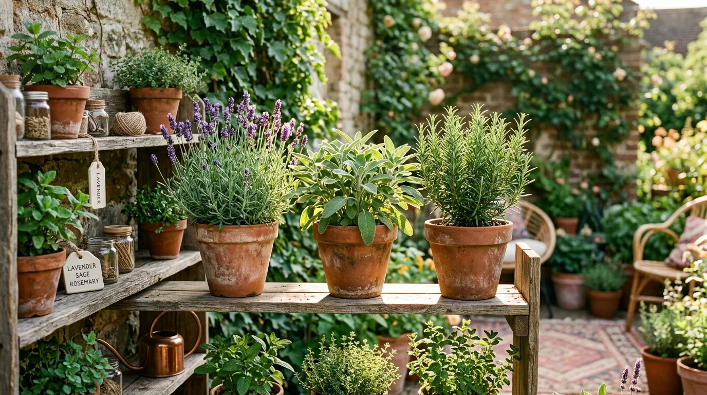 A potted herb sanctuary creating a calming, fragrant garden corner.