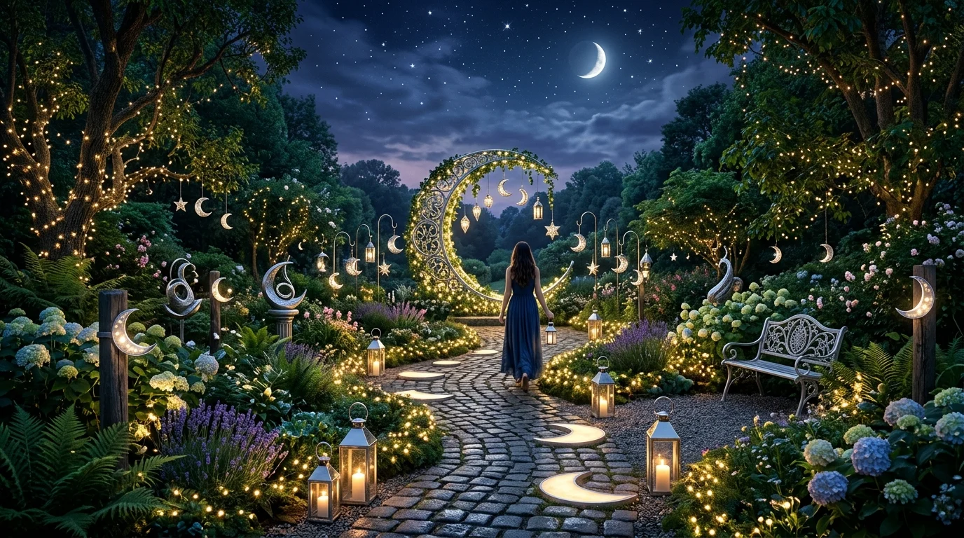 A moon-themed garden space designed for peaceful evening vibes.