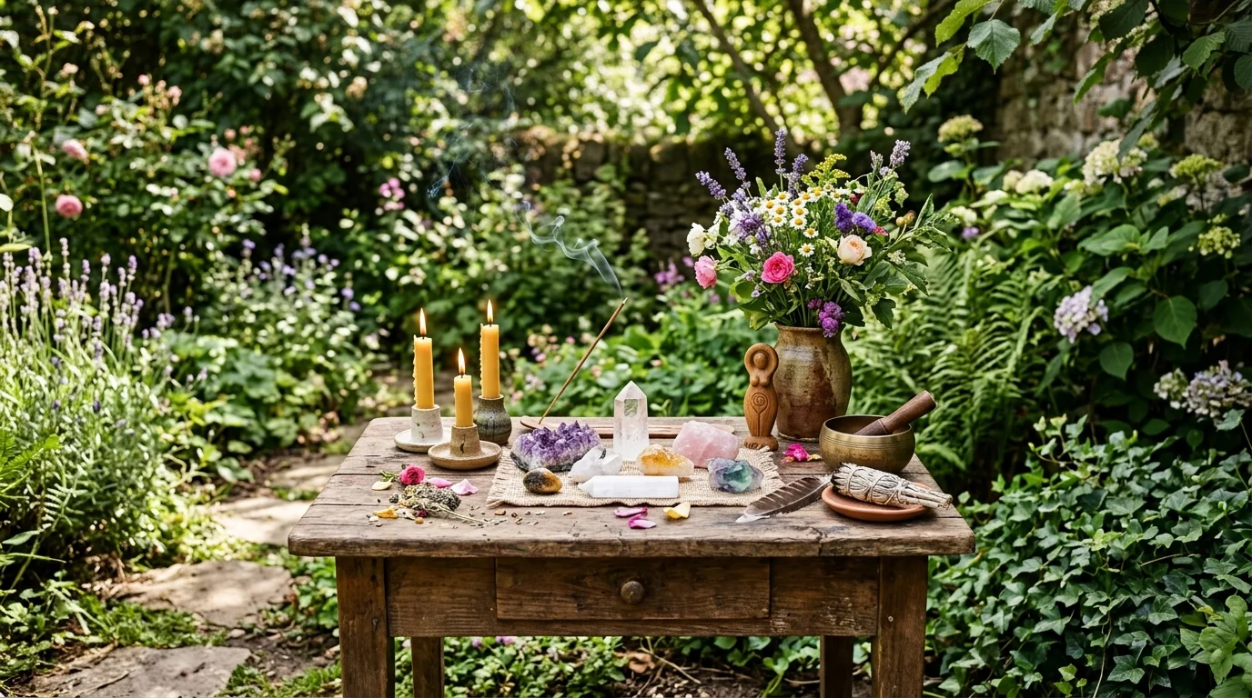 An altar table setup adding a ritual-focused element to the garden.