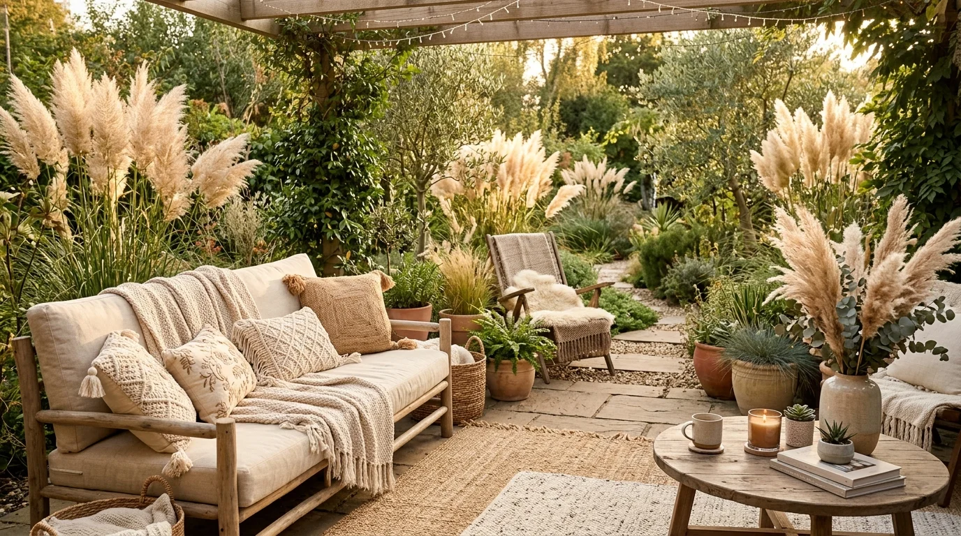 Pampas grass decor adding soft texture to a boho garden.