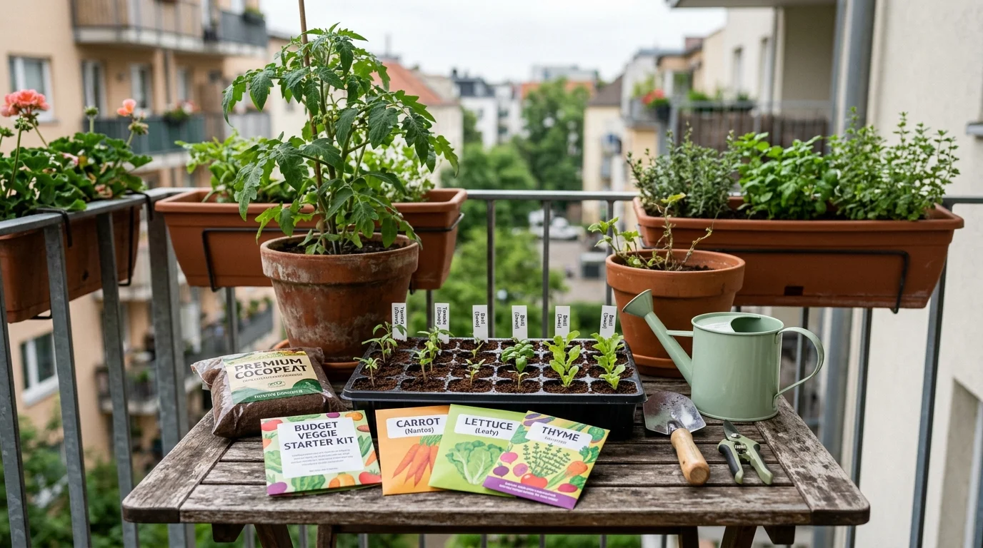 A budget-friendly beginner vegetable garden setup with seed packets, compost, pots, and simple tools.