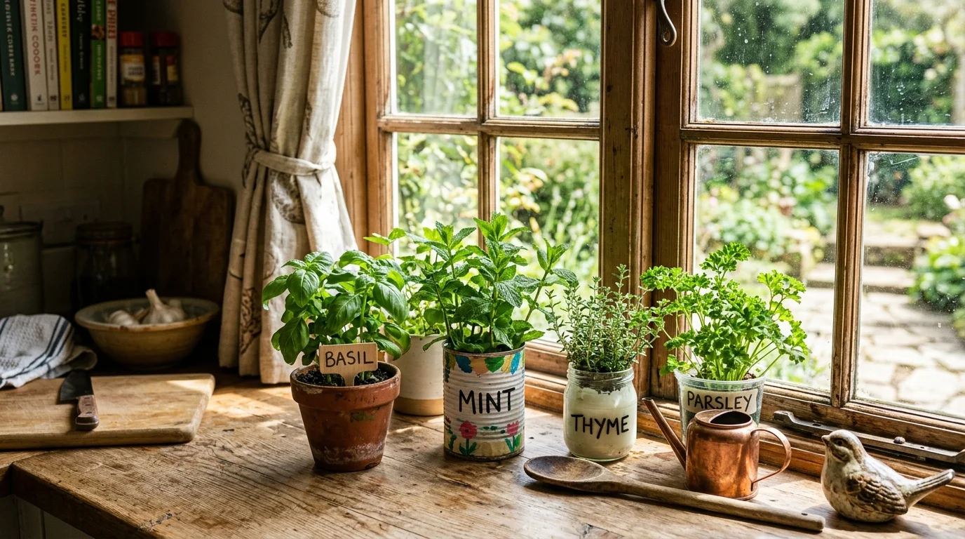 Low-cost herb garden growing on a sunny window sill.