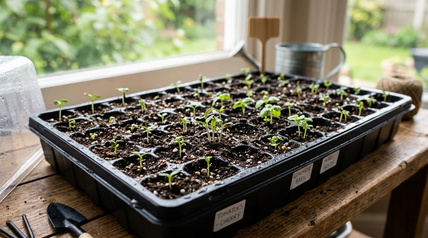 Seed starting trays filled with young vegetable seedlings.