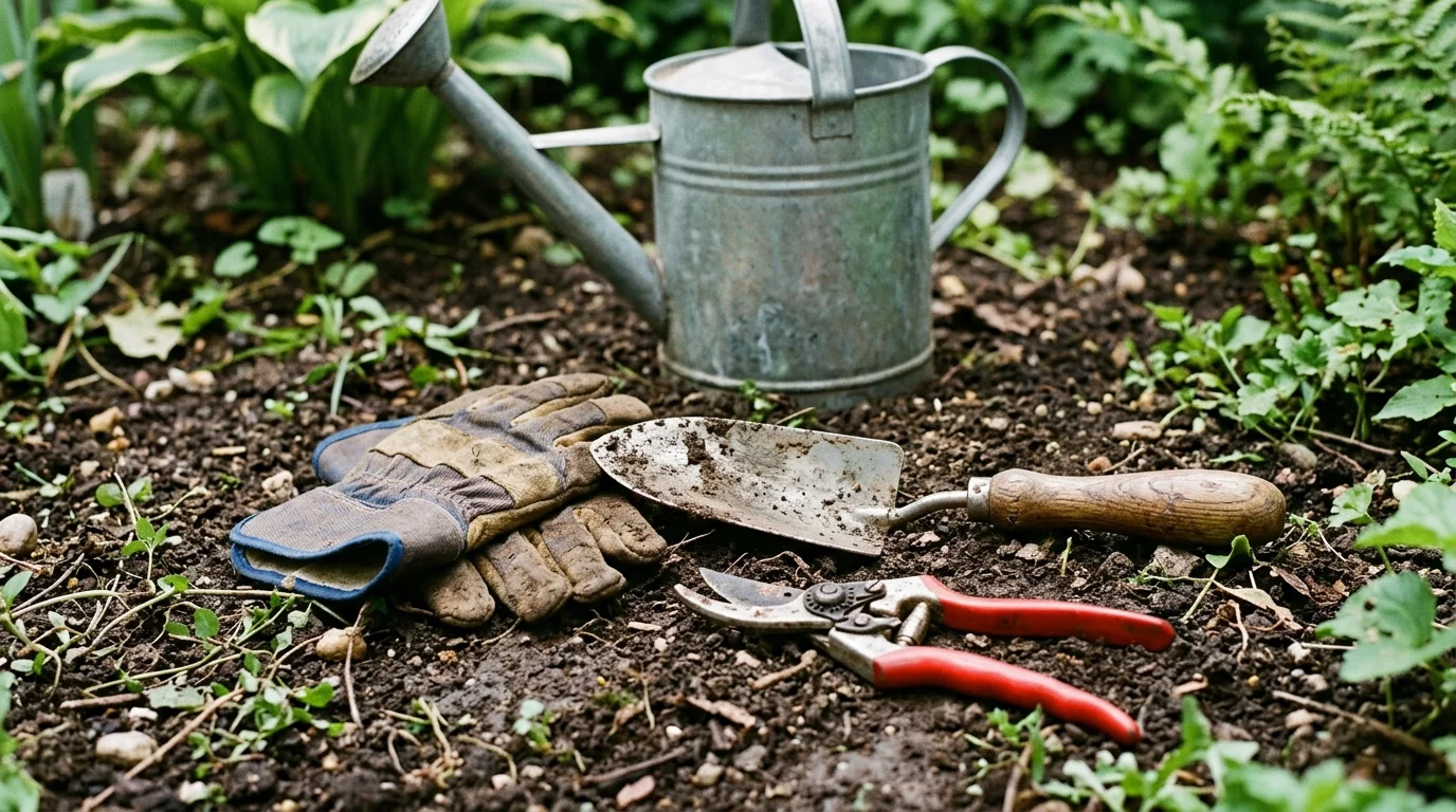 Essential hand tools for a beginner vegetable garden.