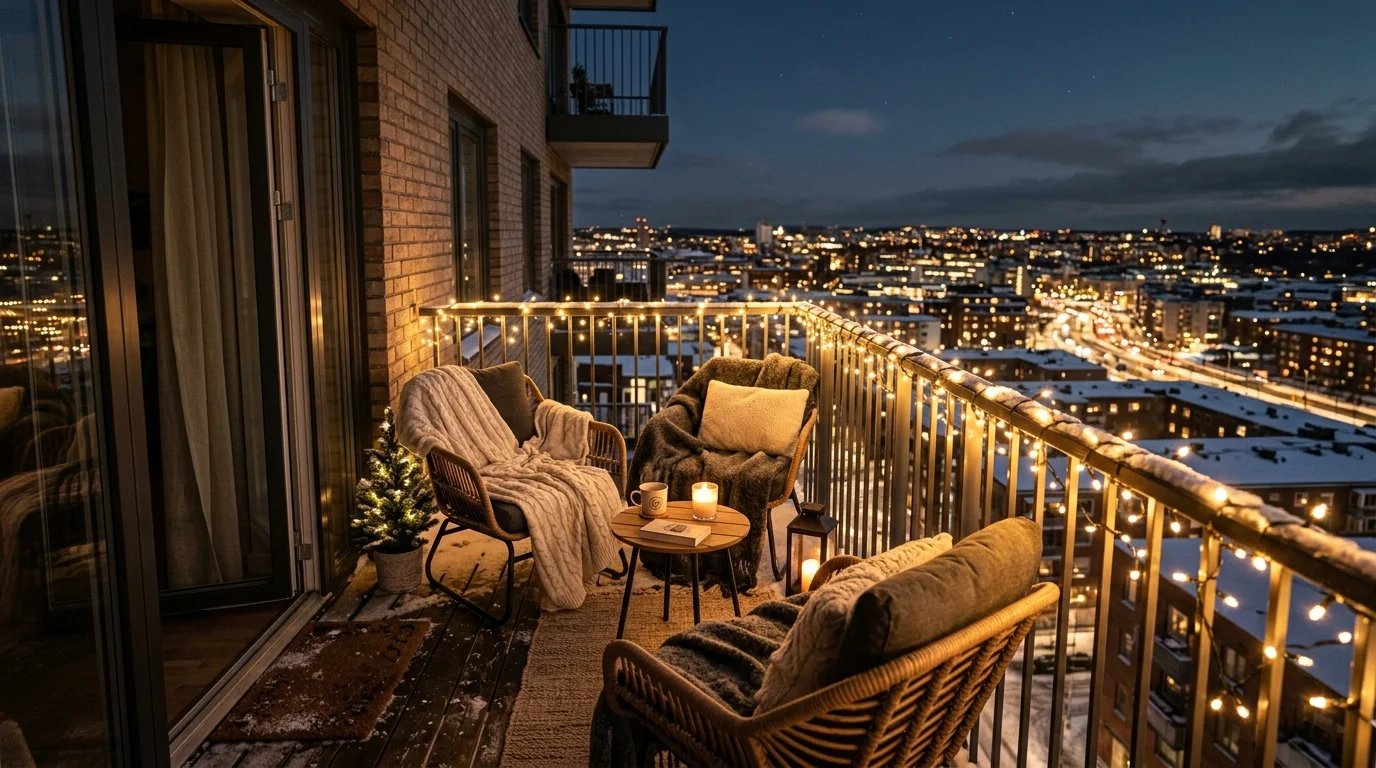 A balcony glowing with fairy lights for Christmas.