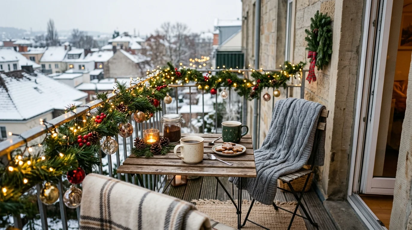 An outdoor coffee Christmas setup on a balcony.