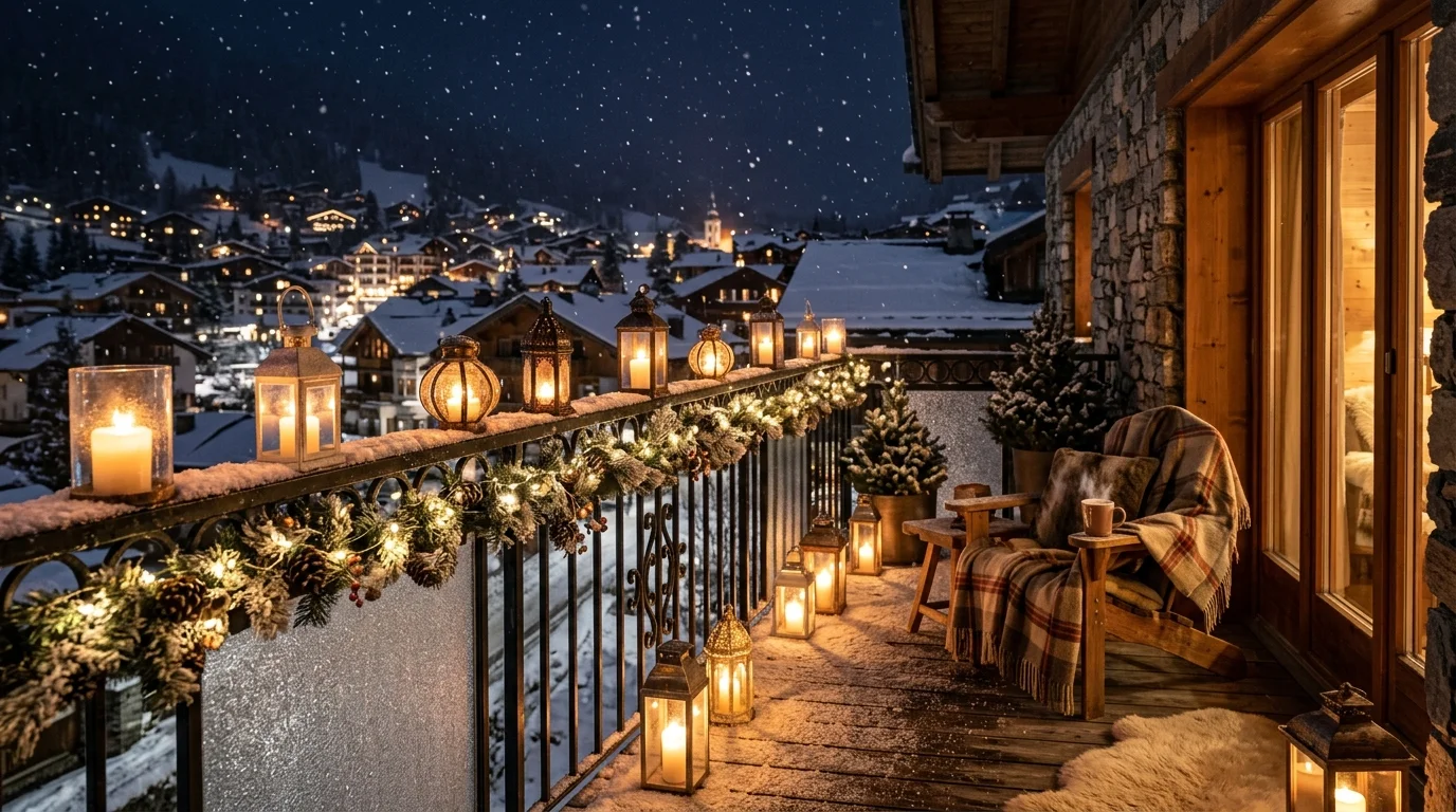 A balcony snow lantern display with soft light.