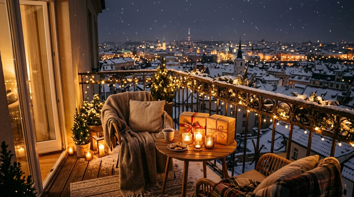 A romantic Christmas balcony night scene.