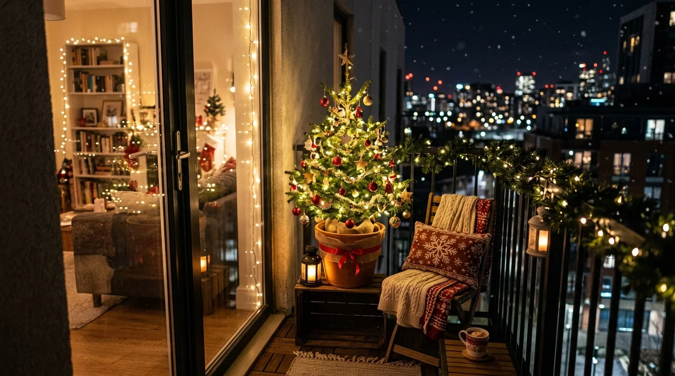 A mini Christmas tree on a balcony.