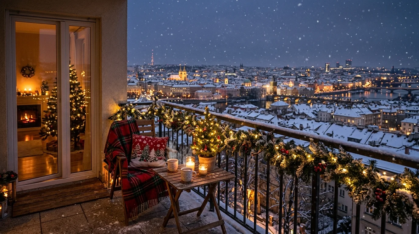 A snowy city balcony view with holiday decor.