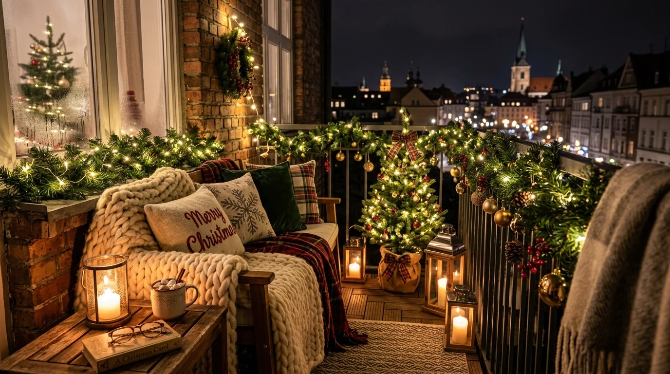 A cozy balcony seating corner for Christmas.