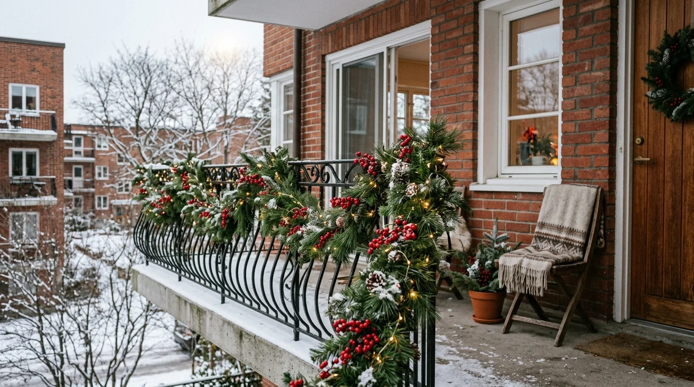 A garland wrapped railing on a balcony.