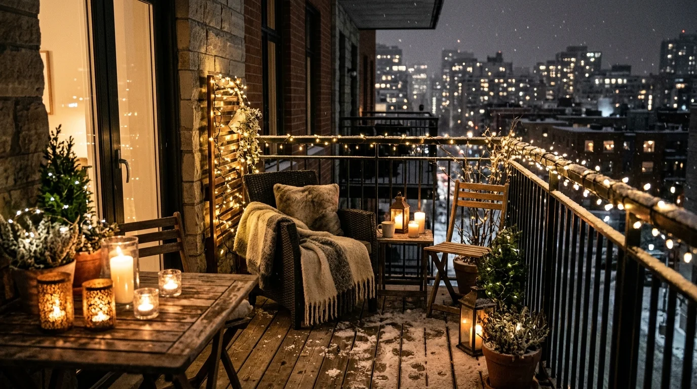 A candle-lit balcony night with festive lighting.
