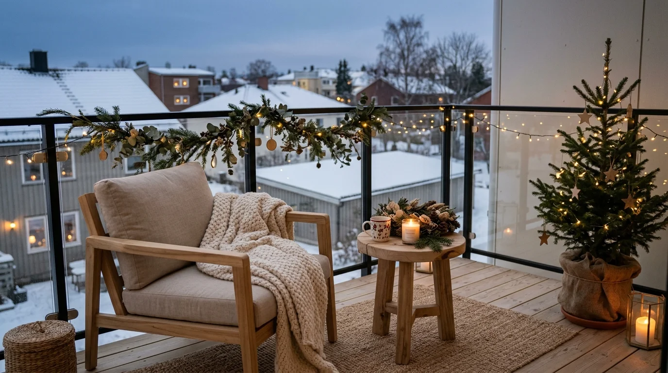 A Scandinavian Christmas balcony with soft styling.