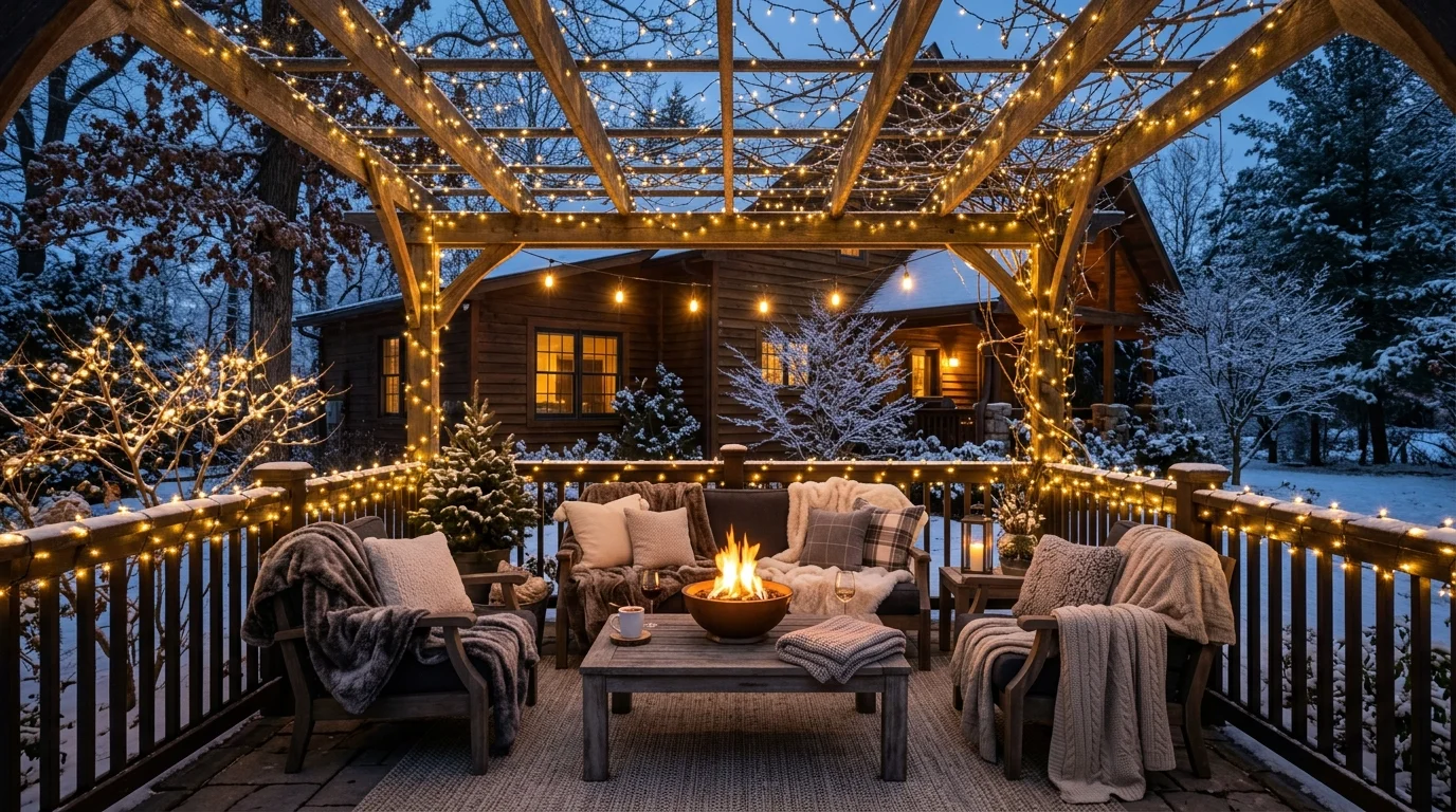 A patio glowing with twinkling fairy lights.