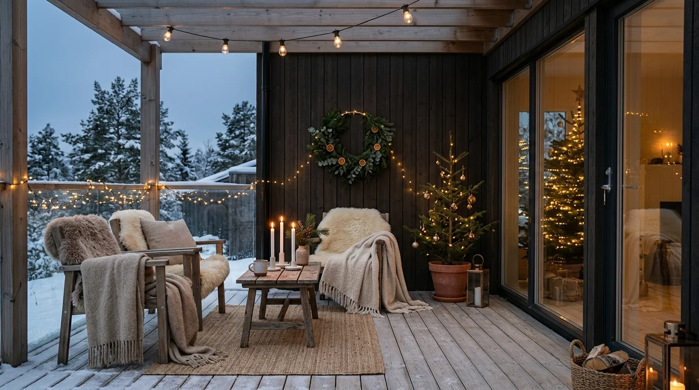 A Scandinavian Christmas patio with simple decor.