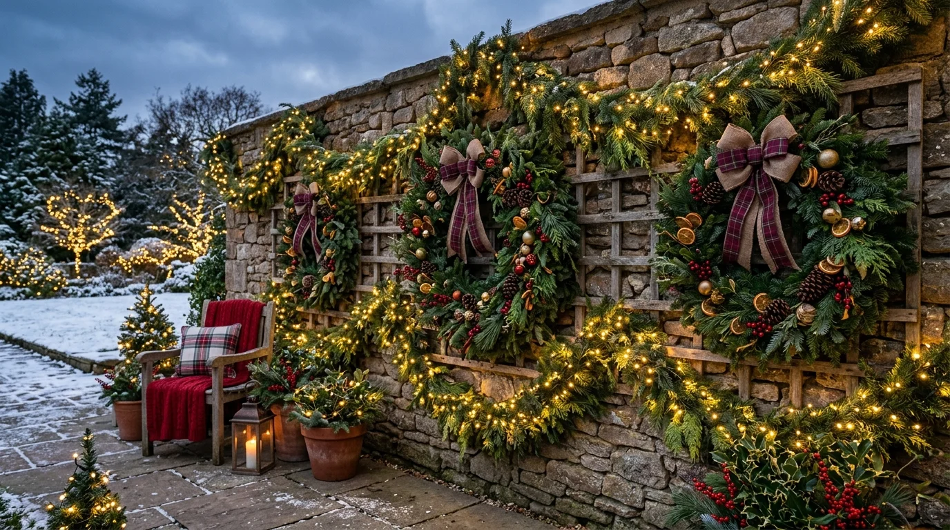 A wreath and garland patio wall setup.