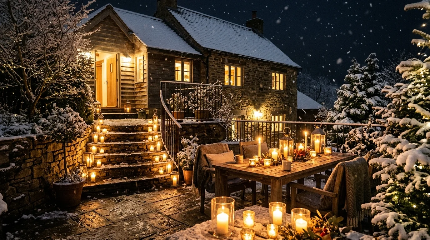 A snowy patio candle setup with warm light.
