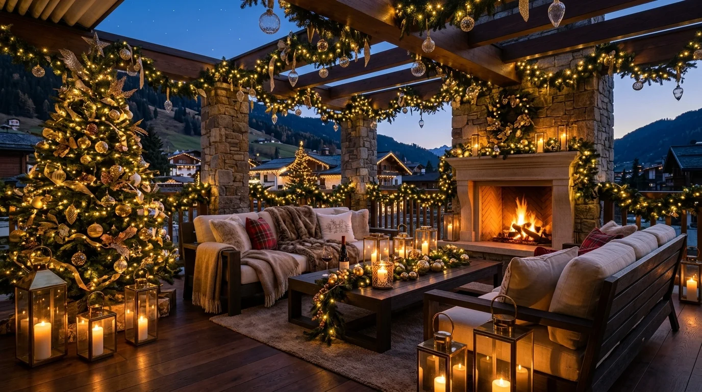 An elegant holiday patio setup with refined decor.