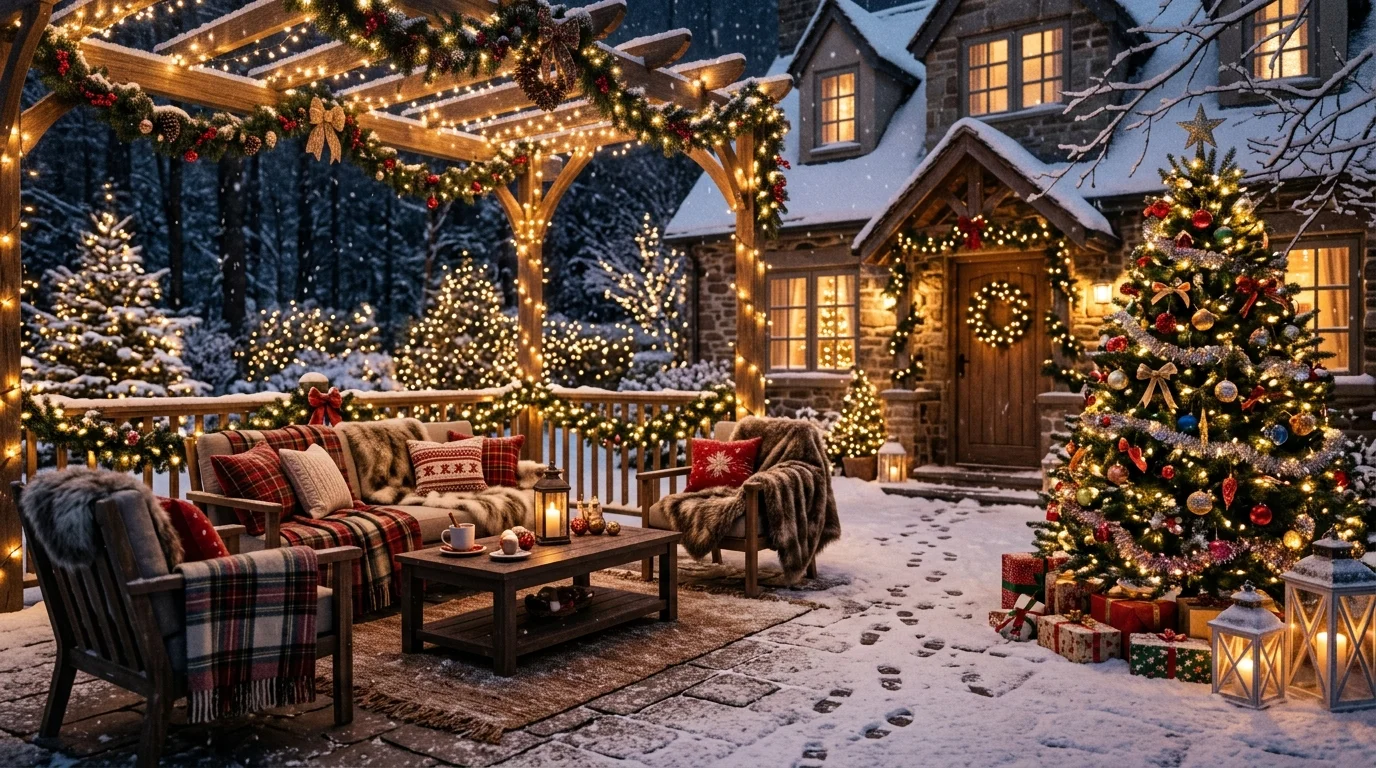 A magical Christmas patio night with layered lights.