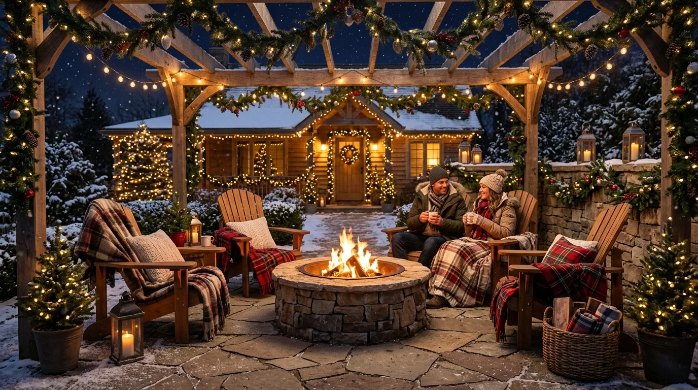 A Christmas fire pit gathering on a patio.