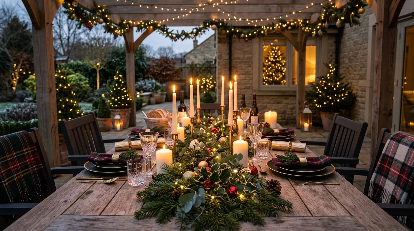 An outdoor Christmas dining table on a patio.