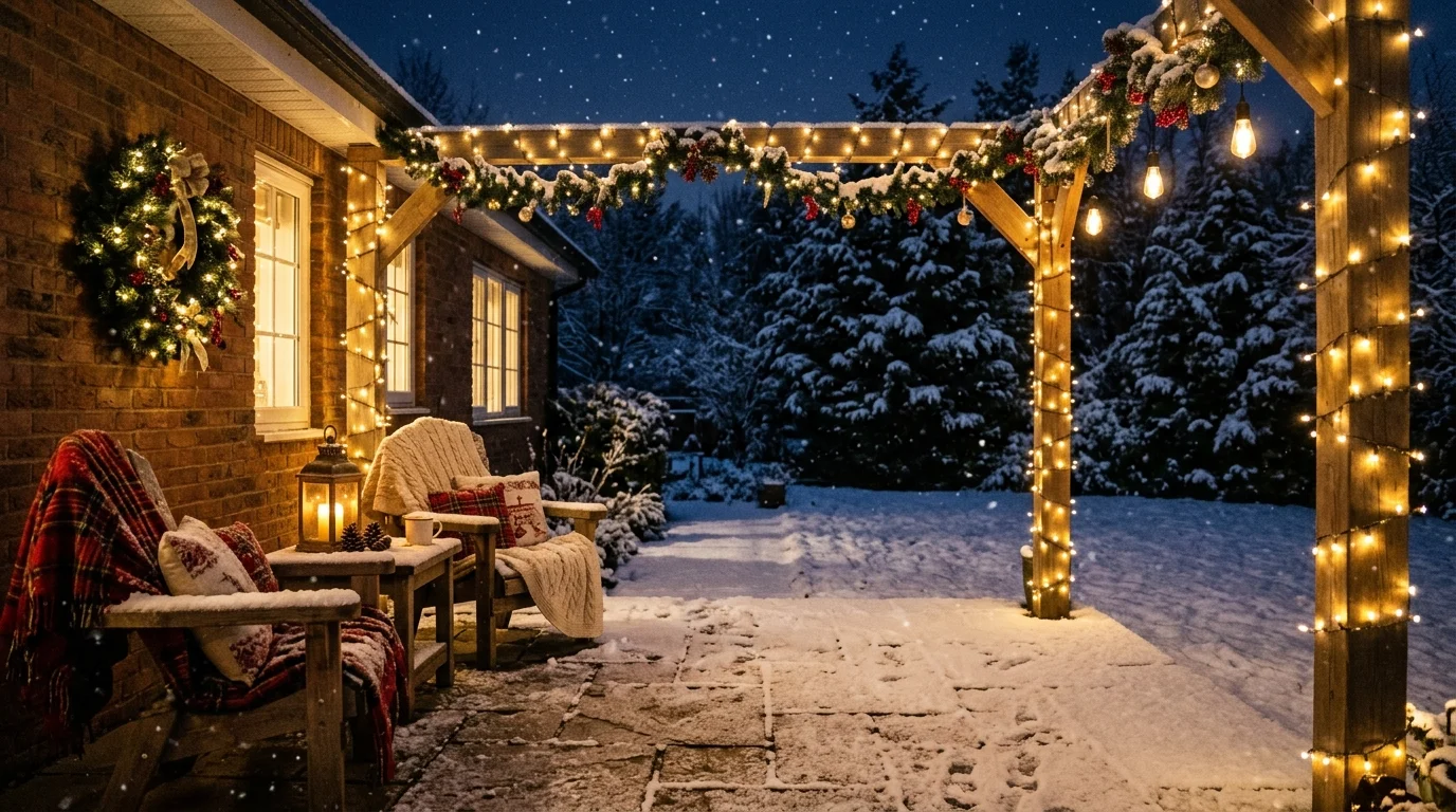 A snowy patio wonderland with soft lighting.